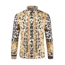 Guys Stylish Shirt Leopard Floral 3D Print Long Sleeve Point Collar Regular Shirt