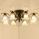 3/6/8-Light Flare Ceiling Lighting Vintage Black Frosted Glass Semi Flush Mount Lamp for Bedroom