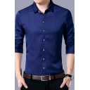 Formal Shirt Solid Color Roll Up Sleeve Spread Collar Button Up Slim Fit Shirt Top