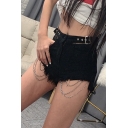 Hot Womens Shorts Denim Solid Color High Rise Chain Embellished Fitted Shorts