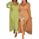 Gorgeous Ladies Set Plain Long Sleeve Longline Loose Coat & Cut Out Skinny Jumpsuit Set