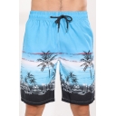 Bright Sky Blue Drawstring Bird Pelican Beach Swimming Trunks with Hook and Loop Pockets