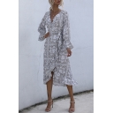 Womens Amazing All-over Flower Print Bell Sleeve Surplice Neck Ruffled Mid Wrap Dress