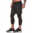 Fancy Men's Active Pants Solid Color Contrast Color Faux Twinset Side Pocket Elastic Drawstring Waist Slim Fitted Training Trousers