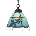 Bell Ceiling Pendant Light Single-Bulb Blue Glass Mediterranean Hanging Lamp with Beaded Trim
