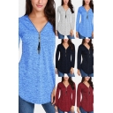 Simple Tee Top Long Sleeve Deep V-neck Zip Up Curved Hem Plain Tunic Relaxed T Shirt for Women