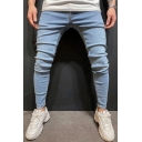 Trendy Men's Jeans Solid Color Side Pocket Zip Fly Ankle Length Skinny Jeans with Washing Effect