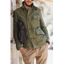 Leisure Men's Jacket Solid Color Flap Chest Pocket Double Breasted Stand Collar Long Sleeves Regular Fitted Jacket
