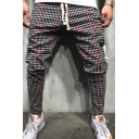 Stylish Men's Pants Houndstooth Pattern Zip Pocket Drawstring Elastic Waist Ankle Length Tapered Pants