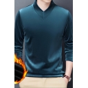 Thickened Tee Top Velvet Long Sleeve V-neck Slim Fitted Solid Color T Shirt for Men