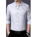 Mens Classic Shirt Stripe Print Roll Up Sleeve Spread Collar Button-up Fitted Shirt Top