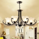 6/8/9-Bulb Hanging Chandelier Traditional Flower Opal Frosted Glass Pendant Light with Scroll Arm in Black/Gold