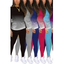 Fashion Womens Set Ombre Long Sleeve Crew Neck Loose T Shirt & Fitted Pants Co-ords