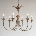 6-Head Swoop Arm Candle Hanging Light Country Rust Wrought Iron Chandelier with Crystal Orb Drop