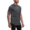 Stylish Men's Tee Top Camo Printed Mock Neck Asymmetrical Hem Short Sleeves Regular Fitted T-Shirt