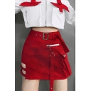 Summer Cool Unique Plain High Waist Cutout Flap Pocket Zip Front Belt Waist Slim Fitted Mini Cargo Skirt
