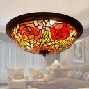 Bowl Shaped Flush Light Victorian Style Stained Art Glass Red LED Ceiling Mounted Lamp
