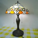 2-Head Night Table Lamp Mission White Pull Chain Nightstand Light with Cone/Bowl Stained Glass Shade