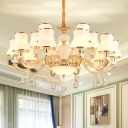 Gold 3/6/15 Lights Pendant Light Fixture Traditional Flare Milky Glass Chandelier with Decorative Crystal