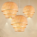 3-Layered Dome Hanging Pendant Asia Bamboo 1 Bulb Dining Room Small/Medium/Large Ceiling Light in Wood