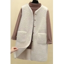 Fancy Women's Vest Fur Fleece Button Fly Pocket Front Sleeveless Regular Fitted Fur Tunic Vest