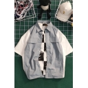 Trendy Shirt Contrasted Short Sleeve Point Collar Button Up Flap Pockets Loose Fit Shirt Top for Men