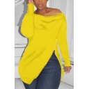 Fashion Sweatshirt Solid Color Long Sleeve Oblique Shoulder Zipper Detail Relaxed Sweatshirt for Women