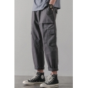Cool Boys Pants Solid Color Mid Rise Flap Pockes Roll-up Cuffs Relaxed Fit Cargo Pants