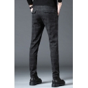 Stylish Thick Men's Pants Plaid Pattern Brushed Inside Side Pocket Zip Fly Long Straight Pants