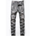 Fancy Men's Jeans Distressed Frayed Zip Fly Mid Waist Side Pocket Long Tapered Denim Jeans