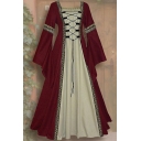 Womens Medieval Dress Bell Sleeve Square Neck Lace Up Front Patchwork Maxi Swing Dress