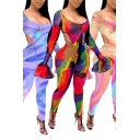 Designer Girls Co-ords Sheer Mesh Abstract Pattern Bell Sleeve Scoop Neck High Cut Bodysuit & Pants Set