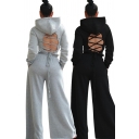 Casual Womens Set Solid Color Long Sleeve Lace-up Back Fitted Hoodie & Wide-leg Pants Co-ords