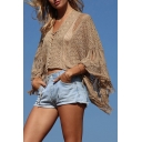 Womens T-Shirt Chic Plain Lace-up Front Beach Cover up Crew Neck Long Batwing Sleeve Regular Fitted T-Shirt
