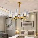 Clear Fluted Glass Cylinder Up Chandelier Postmodern Style 6/8 Bulbs Bedroom Suspension Light in Brass