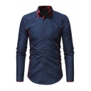 Elegant Mens Shirt Contrast Stitching Button Closure Turn-down Collar Long Sleeves Regular Fitted Shirt