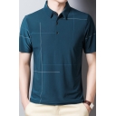 Novelty Mens Business Polo Shirt Crossing Line Pattern Turn-down Collar Button Detail Short Sleeve Slim Fit Polo Shirt