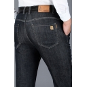 Mens Business Jeans Stylish Dark Wash Zipper Fly High Waist Regular Fit Long Straight Jeans