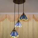 Craftsman Pyramid Multi-Light Pendant 3/5 Heads Blue Glass Ceiling Suspension Lamp in Bronze