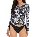 Elegant Women's Set Leaf Tropical Pattern Round Neck Long-sleeved Fitted Tee Top with Pants Swimwear Co-ords
