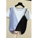 Unique Women's Tee Top Contrast Panel Stripe Panel Round Neck Short-sleeved Regular Fitted T-Shirt