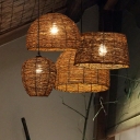 Drum/Ellipse/Dome Pendant Lighting Farmhouse Natural Rattan Single Dining Room Hanging Lamp in Brown