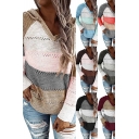 Fashion Hoodie Knitted Colorblock Long Sleeve Drawstring Loose Hoodie for Girls