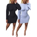 Basic Women's Dress Solid Color Round Neck Pleated Front Waist Banded Long Bishop Sleeves Slim Fitted Mini Dress