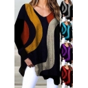 Fancy Women's Tee Top Graphic Pattern Color Block V Neck Long Sleeves Relaxed Fit Tunic Tee Top