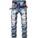 Men's New Fashion Solid Color Frayed Ripped Detail Blue Casual Jeans