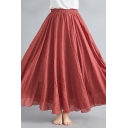 Fancy Women's Skirt Pleated Design Solid Color Cotton and Linen Elastic High Waist Regular Fitted A-Line Dress