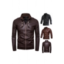 Retro Men's Leather Jacket Solid Color Panel Zip Closure Buckle Detail Long Sleeves Regular Fitted Stand Collar Leather Jacket