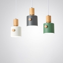 Cylindrical Metal Pendant Light Fixture Macaron 1 Head Grey/White/Green Suspension Lighting with Wood Grip