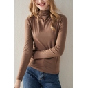 Leisure Womens Tee Top Solid Color Mock Neck Long-sleeved Regular Fitted T-Shirt